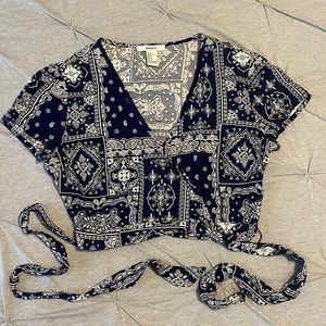Navy and white paisley wrap crop top